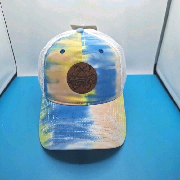 Houston Astros Tie Dye Trucker Snapback Leather Patch Hat MLB The Game Cotton - Picture 1 of 7